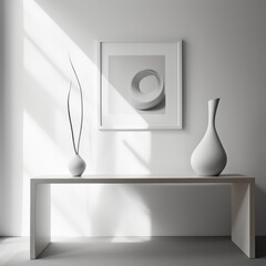 Sticker - A white table with a vase and picture frame, AI