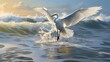 An egret dancing gracefully, its feathers ruffling with each movement, against the backdrop of a gentle sea wave.