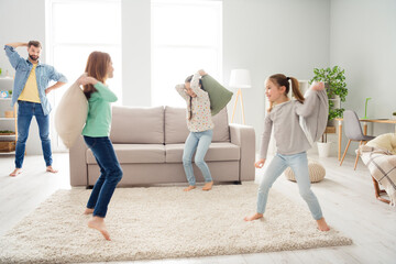 Poster - Portrait of attractive funny cheerful family playing making mess disobey having fun alone daddy at home house living-room indoors