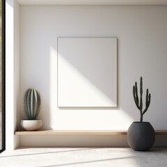 Sticker - A blank white frame sits on a shelf next to cactus plants, AI