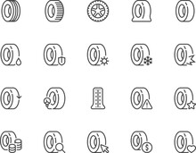 Set Of Vector Line Icons Related To Tires And Wheels. Car Service, Flat Tire. Studded Tire, Winter, Summer, All-season Tire. Editable Stroke. Pixel Perfect.