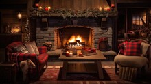 A Fireplace With A Red And White Plaid Couch, AI