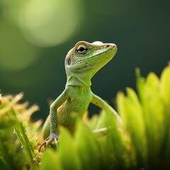 Sticker - A green lizard sitting on top of some leaves, AI