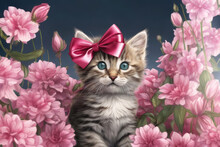 Cute Kitten With A Bow Among Pink Flowers