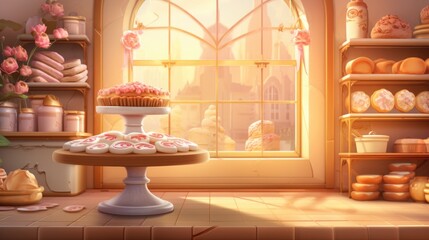 Sticker - A cartoon bakery scene with a window and lots of cakes, AI