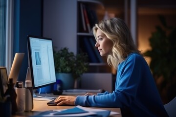 Poster - A woman is sitting at a desk in front of a computer screen, AI