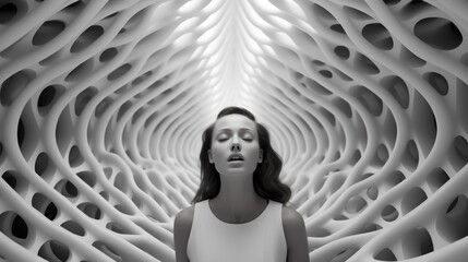 Wall Mural - A woman is standing in a tunnel with white shapes, AI