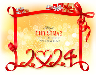 Wall Mural - Merry Christmas and Happy New Year background with numbers 2024 made from red ribbon. Vector.