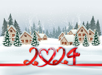 Wall Mural - Holiday Christmas and Happy New Year background with a winter village and  trees and red ribbon with 2024 numbres. Vector.