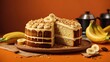Bake banana cake on orange background, cake with chocolate, cake with nuts, cake with chocolate and nuts, homemade apple pie, homemade banana cake, Banana cake on a wooden table
