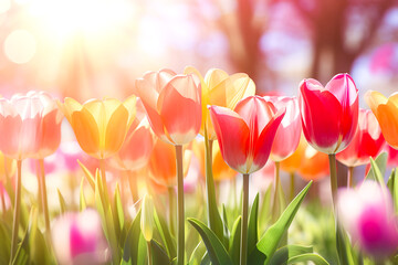  tulips, spring flowers in the sunny garden