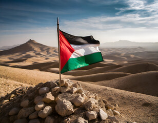 Palestinian flag in a desert