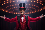 Fototapeta  - The circus ringmaster introducing the next act with grandeur, love and creativity with copy space