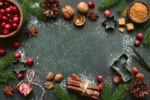 Christmas Baking Background With Ingredients For Making Cake Or Biscuit . Top View With Copy Space.
