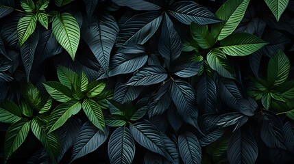 Textures of abstract black leaves for tropical leaf background. Flat lay, dark nature concept, tropical leaf
