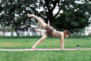 Wall Mural - Lifestyle woman yoga exercise and pose for healthy life. Young girl or people pose balance body vital zen meditation for workout