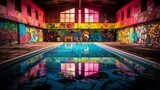 Fototapeta  - Abandoned swimming pool covered in vibrant graffiti, reflecting in still waters, illuminated by pink and blue hues from windows. Generative AI.