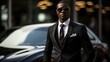 © SpringsTea - Confident young businessman in suit standing near luxury car outdoors at night