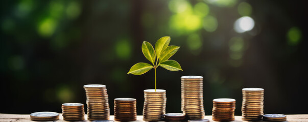 a seedling growing on a pile of coins has a natural backdrop, blurry green, money-saving ideas, and 