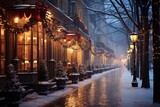 Fototapeta Uliczki - A Serene Morning in the City: Fresh Snowfall Blanketing the Streets at Dawn, Illuminated by the Soft Glow of Christmas Lights