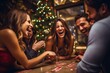 A group of friends engrossed in a board game, eagerly anticipating the New Year's countdown amidst laughter and camaraderie