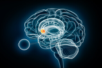 Wall Mural - Nucleus accumbens lateral x-ray view 3D rendering illustration. Human brain and basal ganglia anatomy, medical, healthcare, biology, science, neuroscience, neurology concepts.