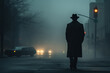 Spy, mafia member, criminal, suspicious person in hat or special agent, foggy evening