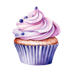 Wall Mural - Purple Cupcake with blueberry topping, whipped cream and decoration png isolated on a transparent background, watercolor clipart illustration
 