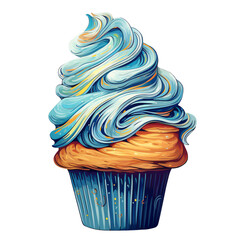 Wall Mural - Cupcake with blue icing whipped cream and decoration png isolated on a transparent background, watercolor clipart illustration
 