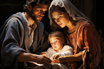 Wall Mural -  traditional Catholic art representation of the Holy Family.AI generativ.