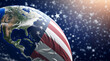 Flag of the United States on the Earth. Star Spangled flag, American flag. Colorful national flag. digital illustration,, World domination of the USA. America with copy space. VS taking over the world