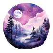 Fantasy full moon mysterious and magical landscape  with pine trees forest and river png isolated on a transparent background, watercolor clipart illustration