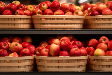 apples in a basket on shelves in a supermarket