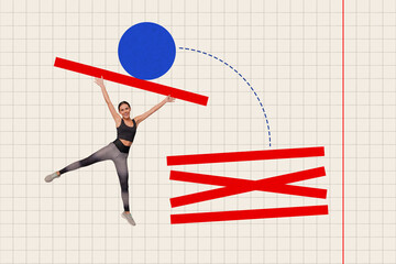 Sticker - Collage image sketch of smiling healthy woman lifting weight isolated on copybook checkered page background