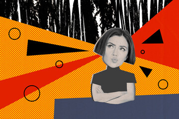 Aufkleber - Poster image collage of minded girl with crossed arms pouted lips solving question isolated on colorful painted background