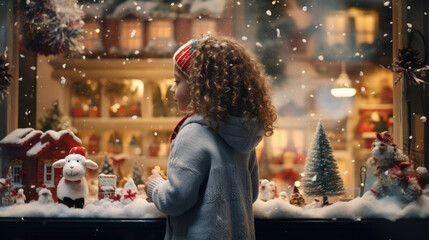 Wall Mural - Plush animals adorn holiday window, attracting young spectator's gaze. Holiday joy.