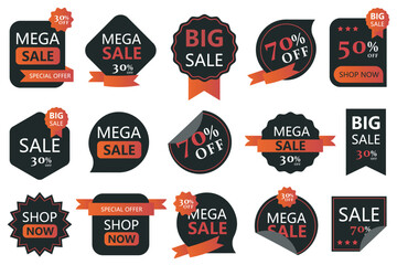 Aufkleber - Sale price tags mega set in flat cartoon design. Bundle elements of black badges templates with different shapes with discounts for seasonal clearance. Vector illustration isolated graphic objects