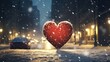 Snowfall in the city, with a heart-shaped snow imprint on a car's window, city lights softly glowing in the background.