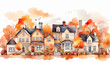 Autumn street suburb district houses vector simple isolated illustration, Autumn seasonal vector watercolor landscape background.