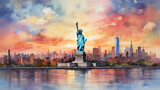 Fototapeta  - New York USA Watercolor Art Print | USA Poster | Cityscape Wall Art | Art Decor | Statue of Liberty
