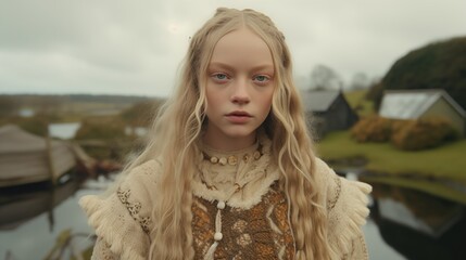 Young blonde girl wearing traditional outfit, portrait, early  nordic, autumn 