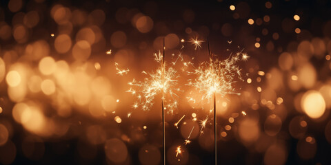 Happy New Year, Glittering burning sparkler against blurred bokeh light background, Copy space, generative ai