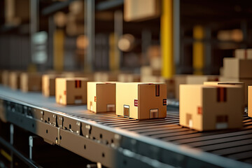 Efficient Warehousing Closeup of Multiple Cardboard Box Packages on Conveyor Belt in E-commerce and Fulfillment Center. created with Generative AI