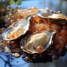 The Appearance Of Exotic Sea Shells Emitting Pearls With A Background Of Rocks On The Beach, Great For Seafood, Food, Backgrounds, Wallpapers, Advertisements, Social Media, Etc. Ai Generative Image