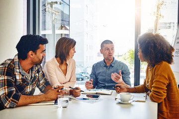 Poster - Web design, planning and ideas in office, meeting or collaboration for development of app or social media. Coaching, team and brainstorming with strategy in London with project, feedback or review