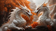Real Chinese Dragon. Two White And Orange Dragon Sitting On A Rock. Dragon Statue At The Temple. Ai Ganerated Image