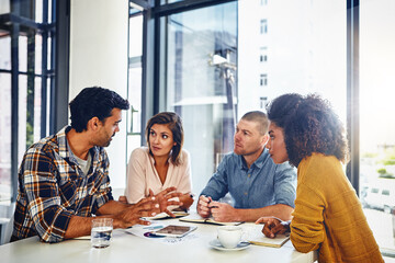 Poster - Teamwork, meeting and web designer talking of app, development or creative problem solving. Website, design and people with online marketing, strategy and planning together in London office or agency