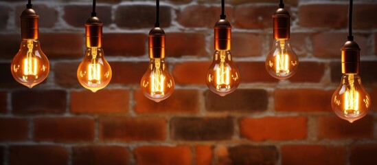 Wall Mural - Retro light bulbs set against brick wall.