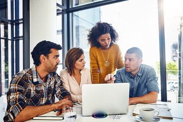 Poster - Laptop, app and teamwork with web designer in meeting, planning and working in development of online marketing. Website, design or group feedback for technology, strategy or creative problem solving