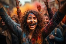 People Dance Cheering And Celebrating On A Summer Festival Holi